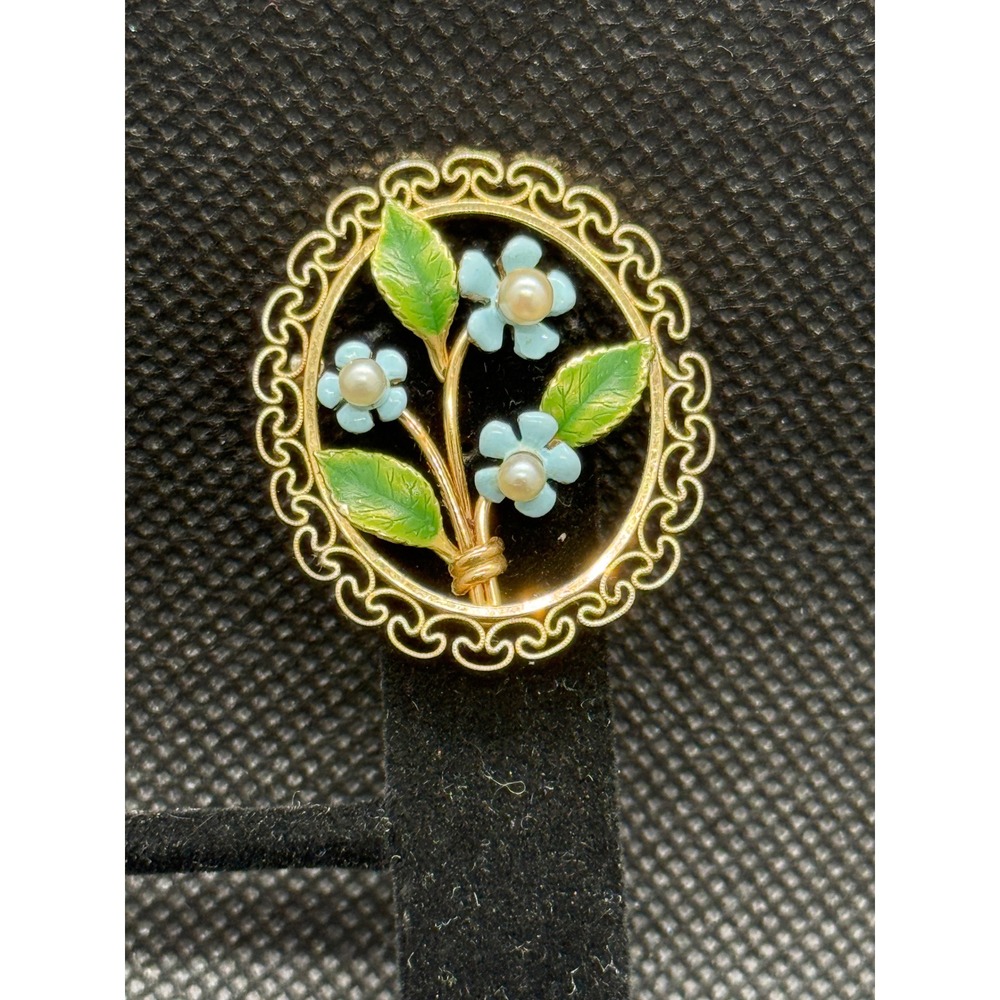 Krementz Vintage Blue Enamel Forget Me Not Pearl Gold Overlay Floral Brooch Pin